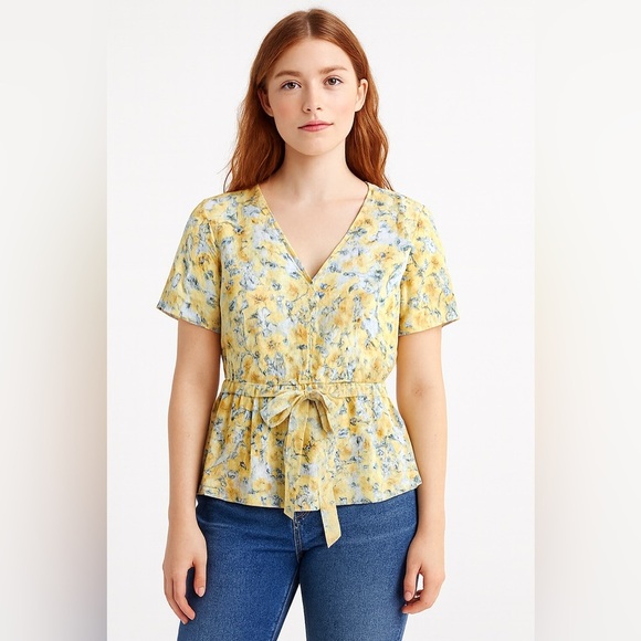 New York & Company Floral Peplum Blouse - Yellow and Green - Picture 1 of 4
